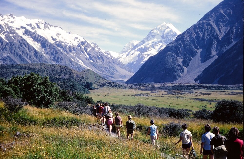 Day trippers hiking in the Southern Alps of New Zealand.